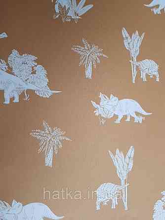 Обои флизелиновые детские  Caselio Our Planet животные динозавры пальмы белые на горчично желтом фоне Киев