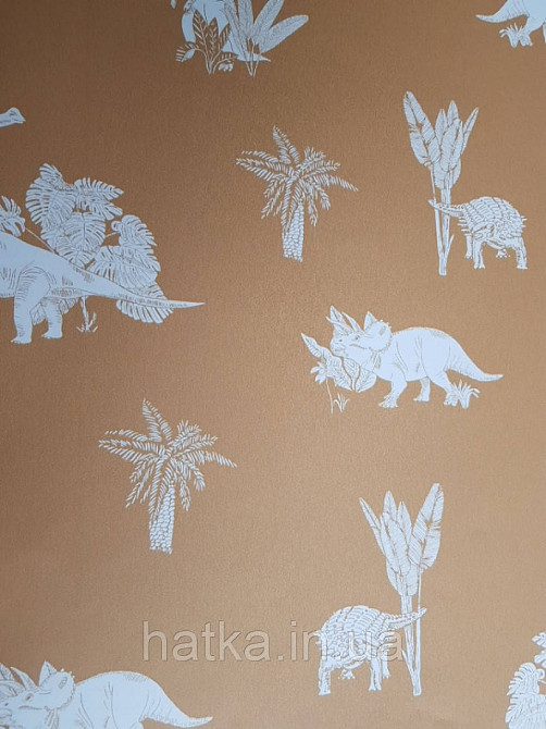 Шпалери флізелінові дитячі Caselio Our Planet тварини динозаври пальми білі на гірчично жовтому фоні Київ - фото 1