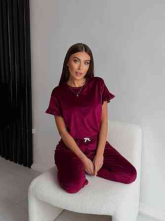 Женская стильная домашняя велюровая пижама Бордовый Одесса