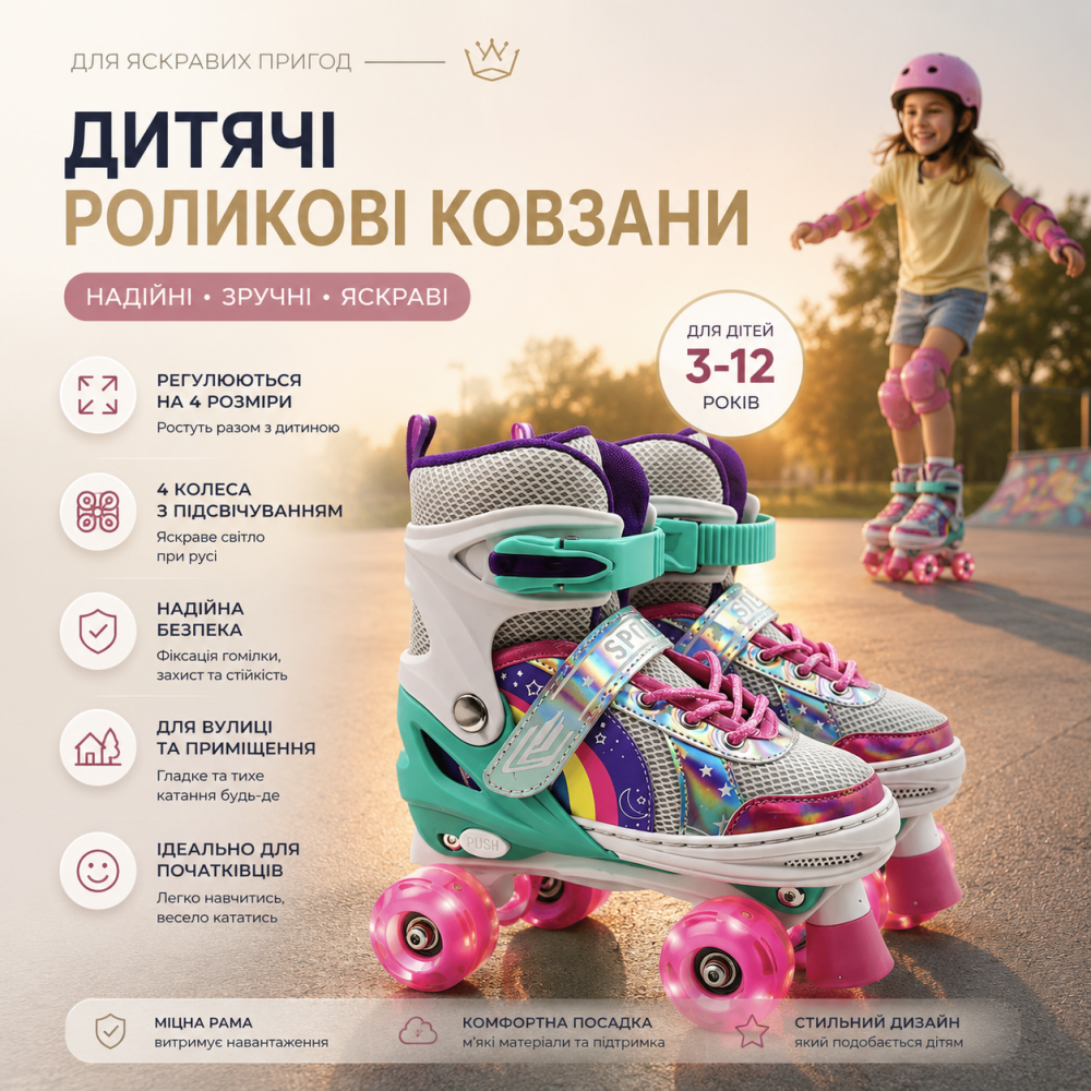 Дитячі розсувні роликові ковзани квадри з колесами, що світяться, ролики для дівчаток та хлопчиків 31-42 Київ - фото 7