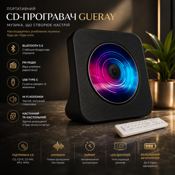 Портативний CD-плеєр Bluetooth 5.0 Hi-Fi — Настільний програвач з FM-радіо, USB та таймером сну, Чорний матовий Київ