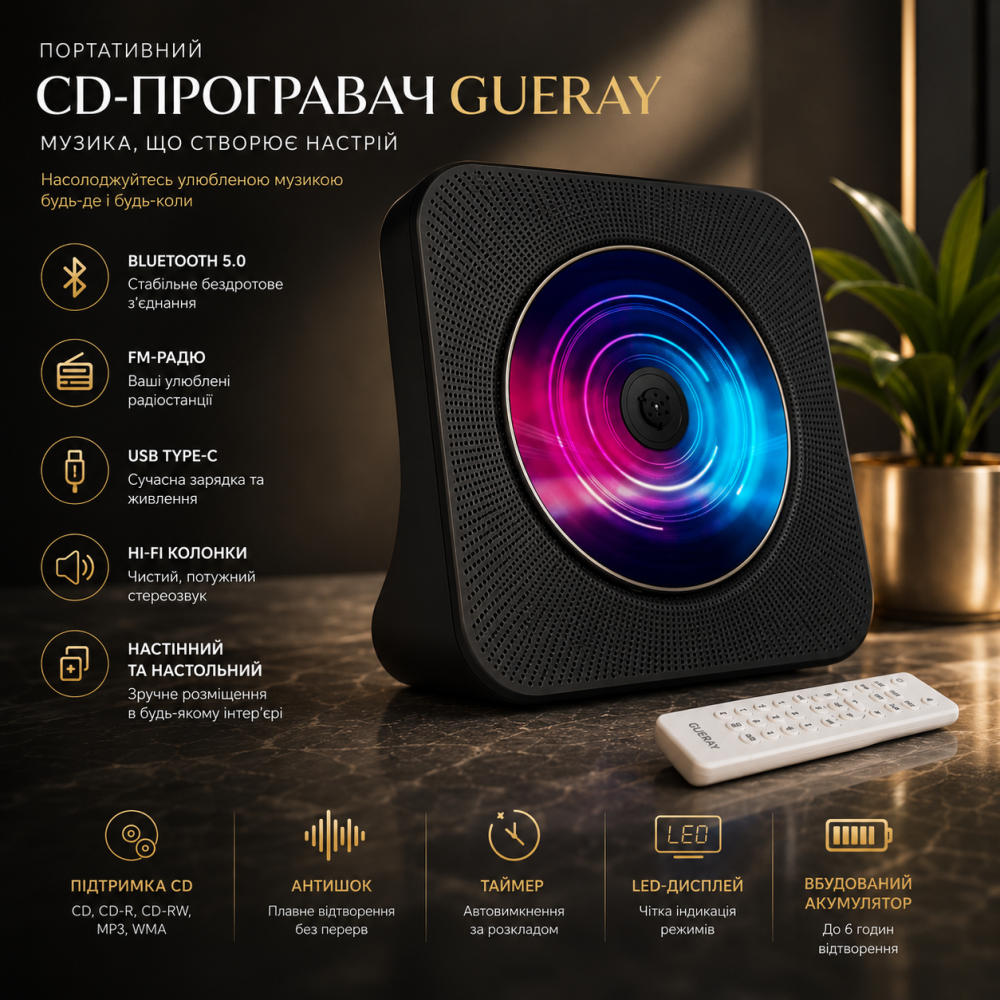 Портативний CD-плеєр Bluetooth 5.0 Hi-Fi — Настільний програвач з FM-радіо, USB та таймером сну, Чорний матовий Київ - фото 1