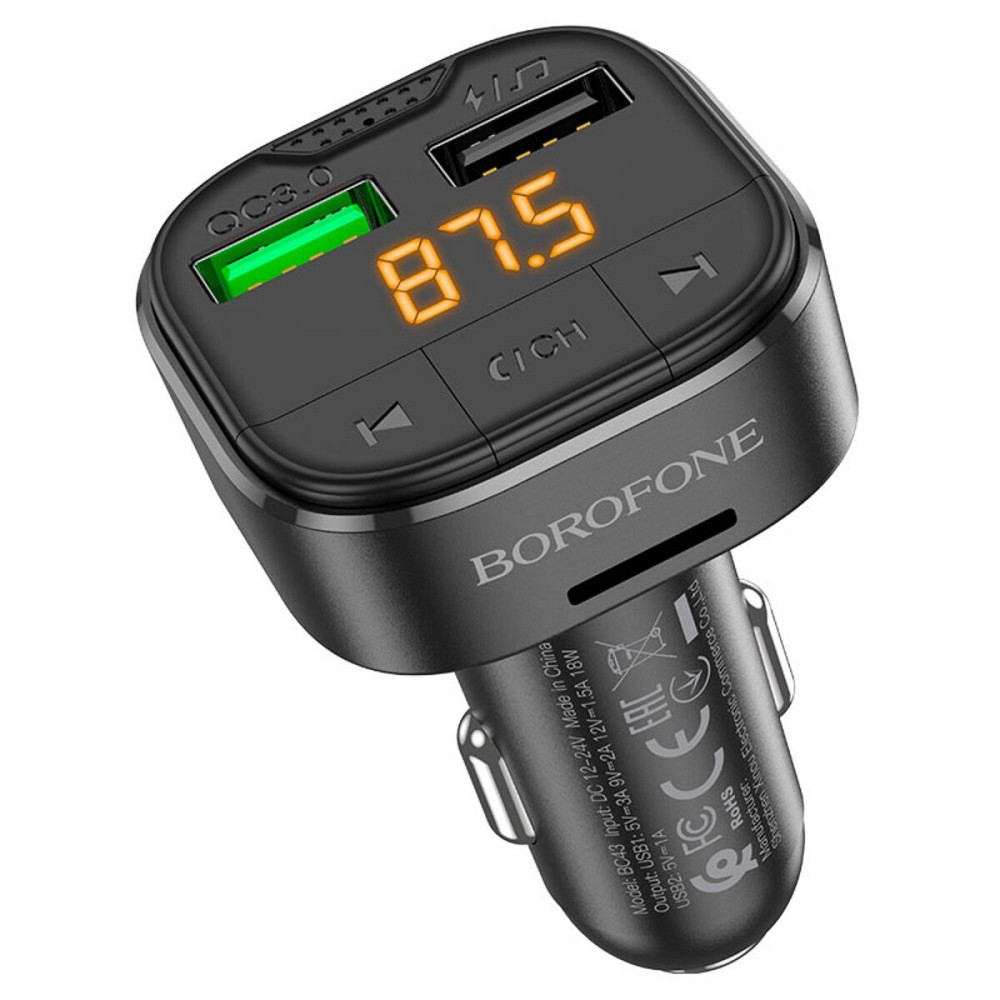 АЗП з FM-модулятором BOROFONE BC43 Flash QC3.0 car BT FM transmitter 18W Black 8525500090 (BC43B-8525500090) Київ - фото 3