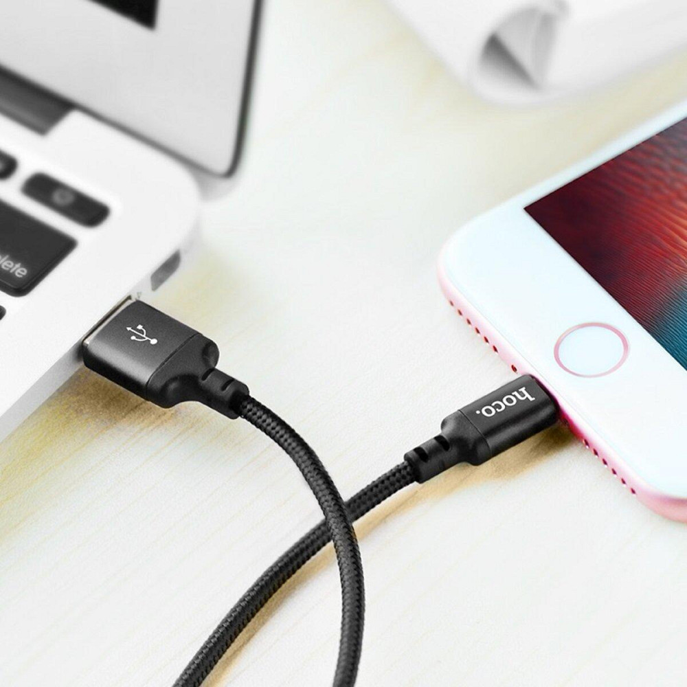 Кабель HOCO X14 USB - Lightning 2A, 1m, нейлон, алюмінієві конектори, колір чорний 6957531062820 Одеса - фото 8