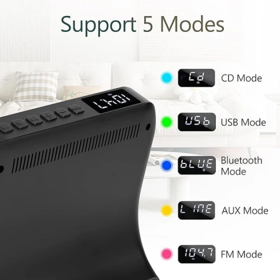 Портативний CD-плеєр Bluetooth 5.0 Hi-Fi — Настільний програвач з FM-радіо, USB та таймером сну, Чорний матовий Київ