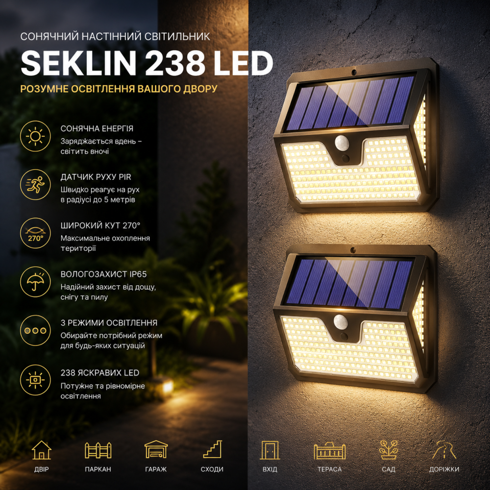 Уцінка Сонячний настінний світильник Seklin 238 LED, датчик руху PIR, IP65, 270°, 3 режими освітлення, вуличний LED-ліхтар Київ - фото 8