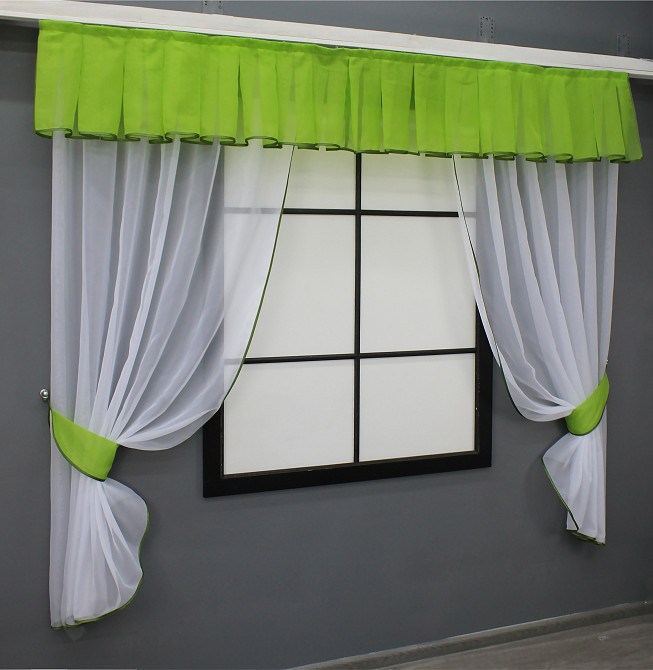 Кухонный комплект VR-Textil № 00к шторки с ламбрекеном белый с салатовым 200х170 см (59-957) Киев - изображение 1