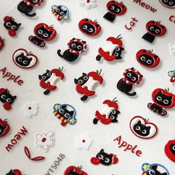 Наклейки для нігтів "Чорний кіт і червоне яблуко” — кавайні глянцеві наліпки для манікюру Київ