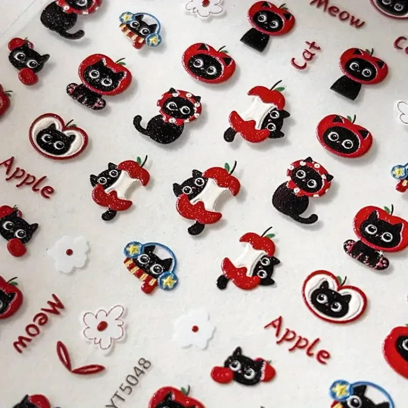 Наклейки для ногтей «Черный кот и красное яблоко» — кавайные глянцевые наклейки для маникюра Киев - изображение 2