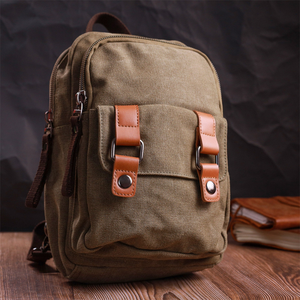Сумка-рюкзак в стиле милитари с двумя отделениями из плотного текстиля Vintage 22163 Оливковый Киев - изображение 9