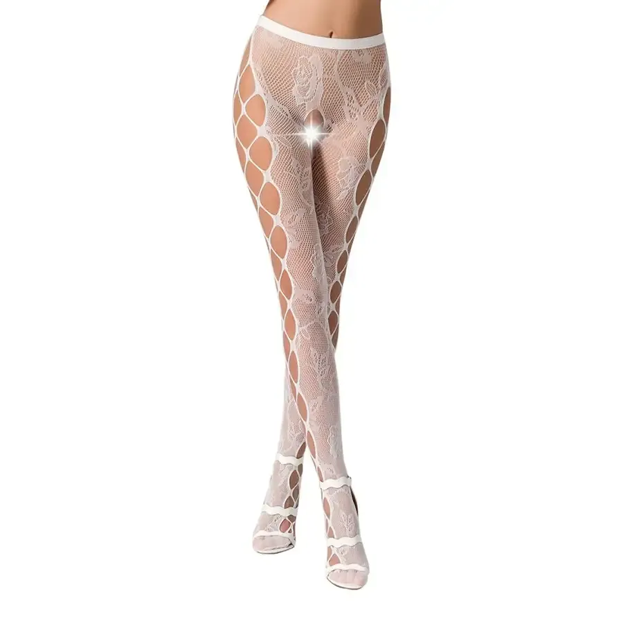 Еротичні колготки-бодістокінг Passion S008 white, ажурні колготки з вирізом та лампасами-сіткою Львов - изображение 1