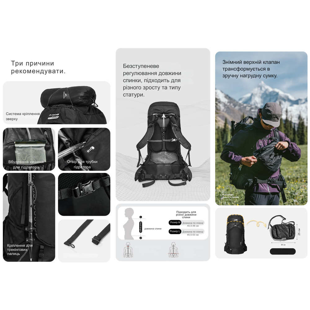 Рюкзак туристичний Naturehike Helium CNK2450XB014, 70 л, чорний, M Киев - изображение 14