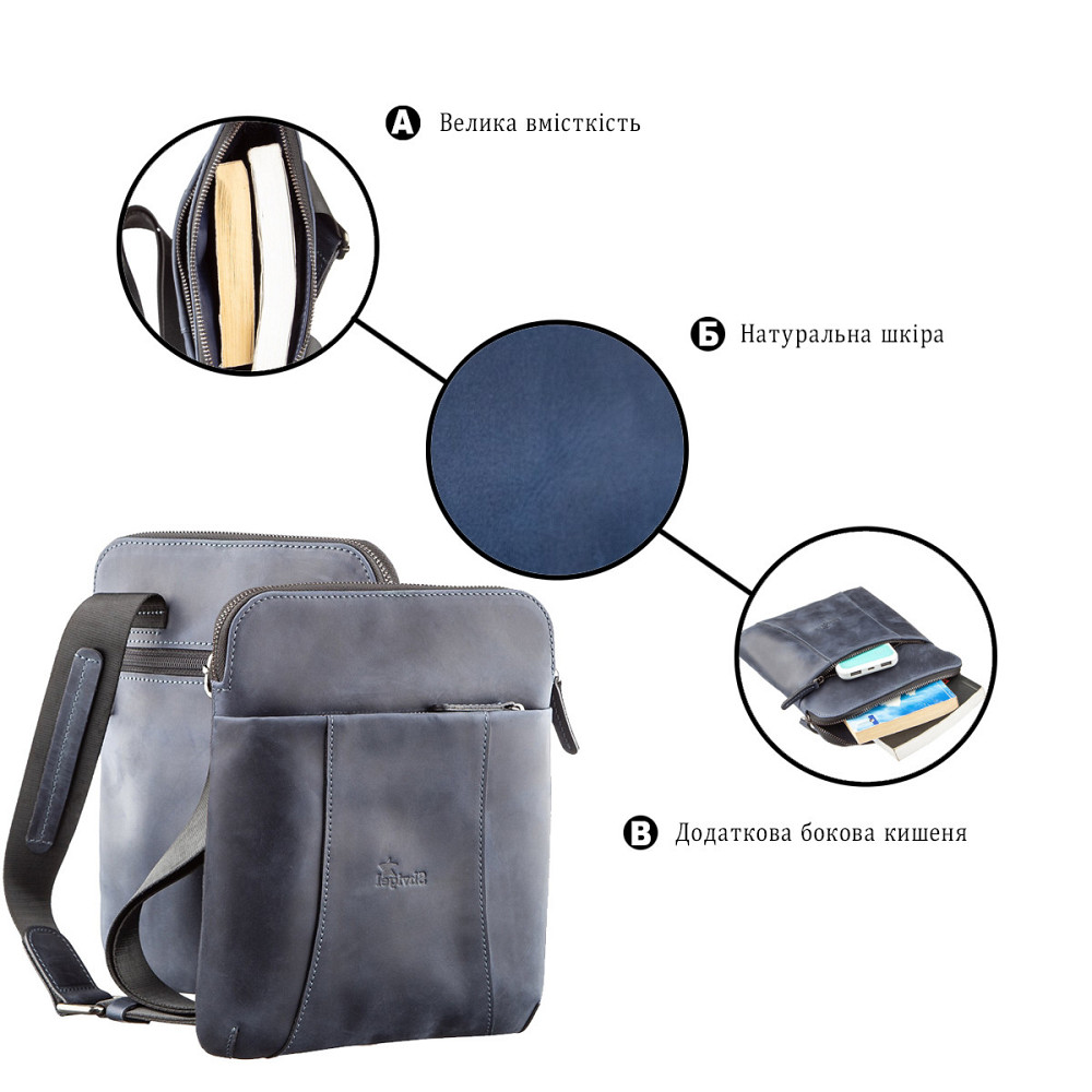 Стильний чоловічий месенджер з вінтажній шкіри Shvigel 11179 Синій Київ - фото 3
