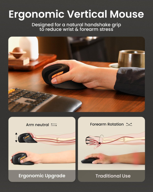 Мышь вертикальная ProtoArc EM11 NL Bluetooth / 2.4G, аккумулятор 500 мАч, 3 устройства, 2400 DPI, USB-C, черная Киев - изображение 8