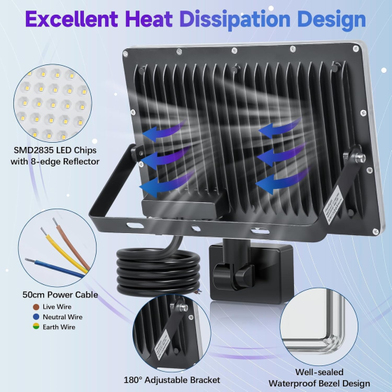 Светодиодный прожектор YIQIBRO 50W 5000LM 6500K с датчиком движения уличный водонепроницаемый IP67 LED светильник черный Киев