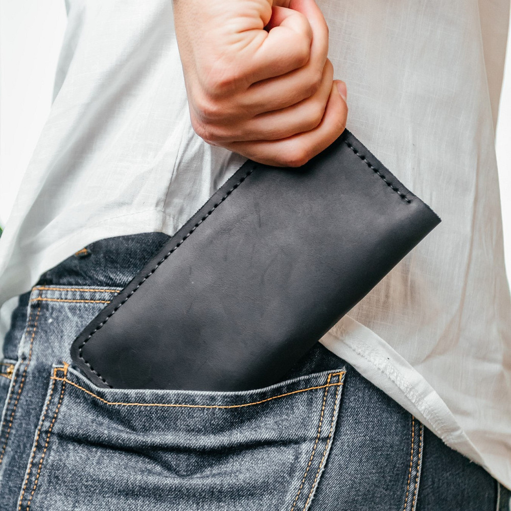 Чоловічий гаманець із натуральної шкіри Crazy Horse, місткий гаманець на кнопках, чорнийMasterSem Київ - фото 1