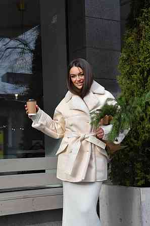 Женская стильная двубортная дубленка под пояс Молочный, 44/46 Одесса