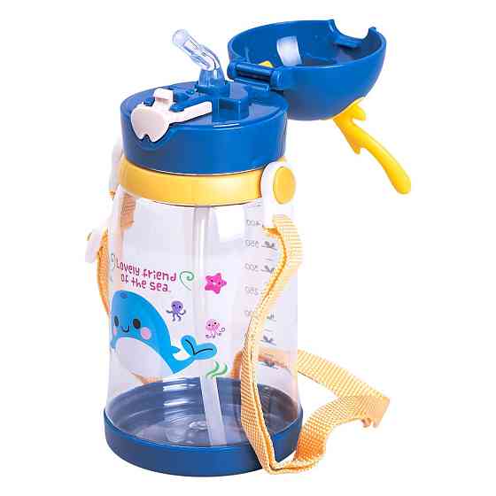 Yiwu Пляшка для води дитяча 550 мл на ремінці пляшечка з трубочкою для спорту та школи Синя HP- Киев