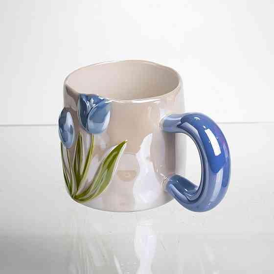 Новорічна порцелянова чашка для чаю та кави "Ніжний Тюльпан" з 3D-декором 400 мл, святкова кружка чашка на подарунок Блакитний FM-40D Коломия