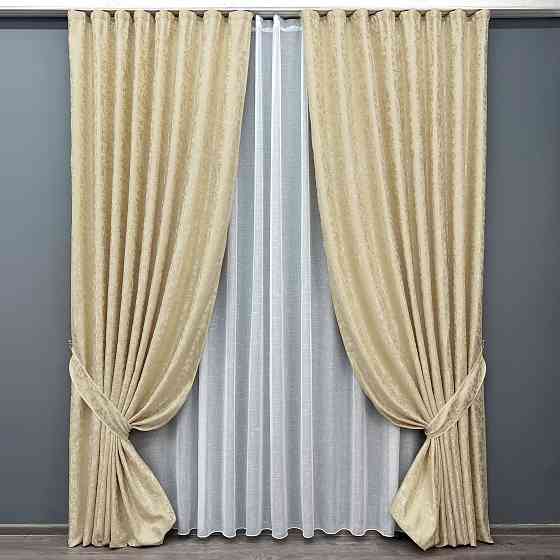 Комплект штор VR-Textil Льон Мармур 200х270 2шт і Тюль 600х270 1909ш-115т Кремовий з білим 71-129/7 Київ