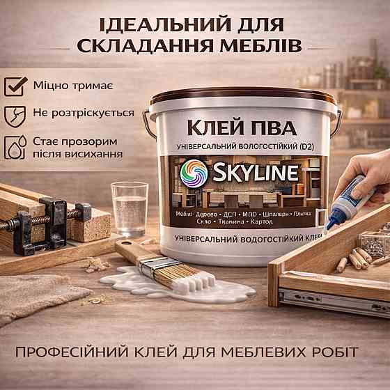Клей ПВА D2 водостійкий SkyLine 1 кг — універсальний столярний клей для дерева, ДСП, МДФ і меблів Харків