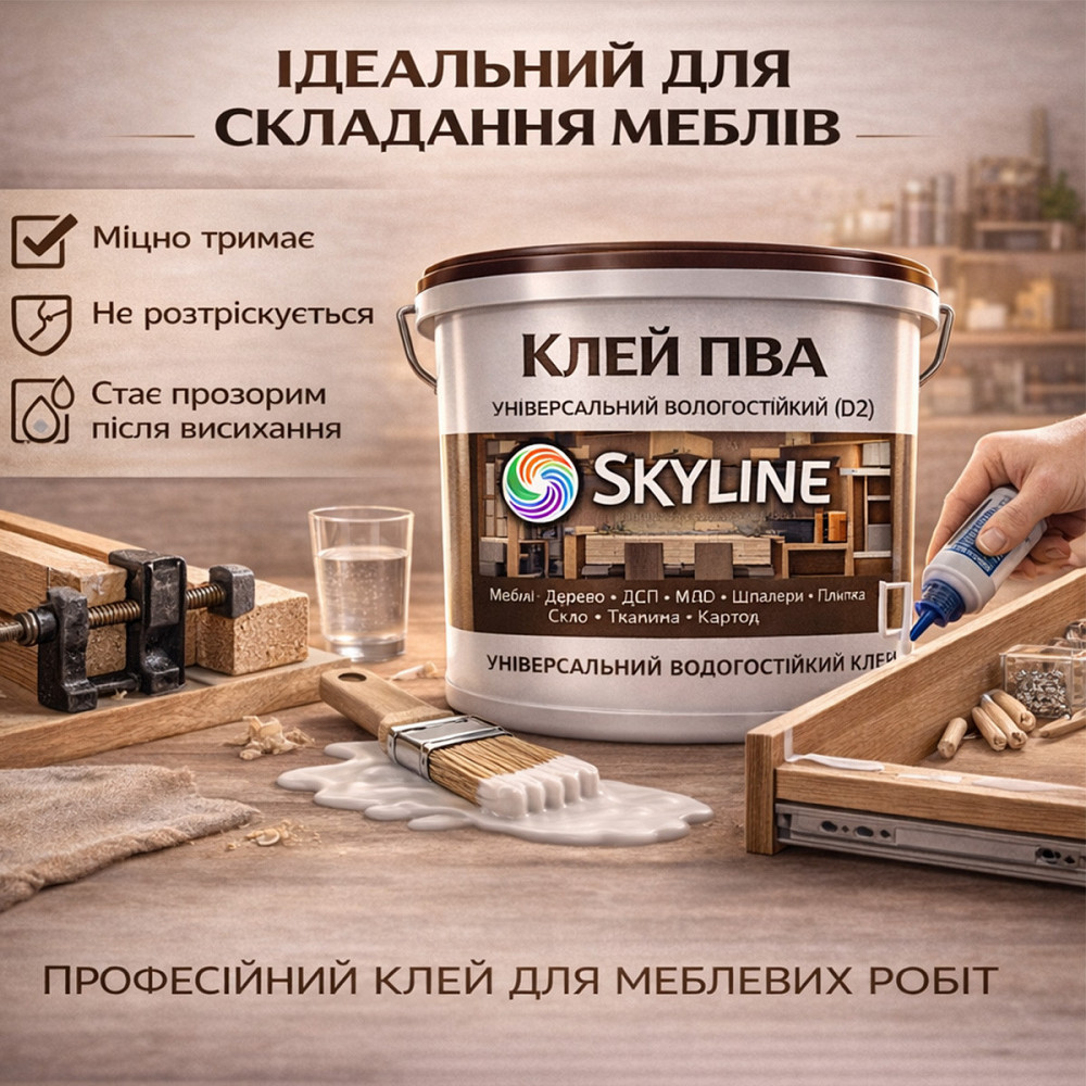 Клей ПВА D2 водостійкий SkyLine 1 кг — універсальний столярний клей для дерева, ДСП, МДФ і меблів Харків - фото 4