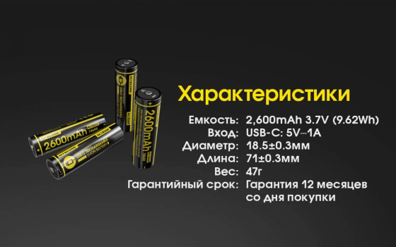 Аккумулятор 18650 Nitecore NL1826R 2600mAh USB-C (Черный) Винница