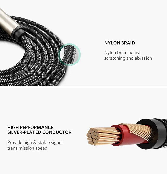 Аудіо кабель UGREEN AV128 6.5mm "тато" - "тато" Audio Cable Gray 2m UGR-10638 Одеса - фото 6