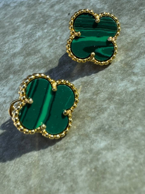 Van Cleef набір 3 предмети малахіт — сережки, кільце, браслет / зелена емаль / лимонне золото / проба, гравіювання Одеса - фото 3