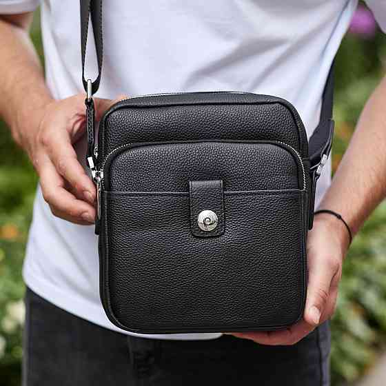 Мужская кожаная универсальная сумка 24х20х8, борсетка из кожи, сумочка для мужчин с регулировкой ручки, черная Киев