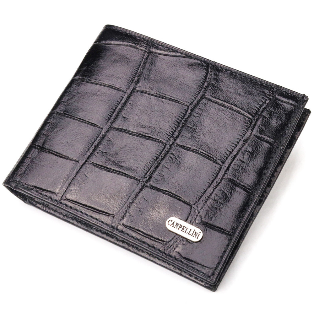 Качественный кошелек для мужчин в два сложения из натуральной фактурной кожи с тиснением под крокодила Черный (CANPELLINI) Киев - изображение 5