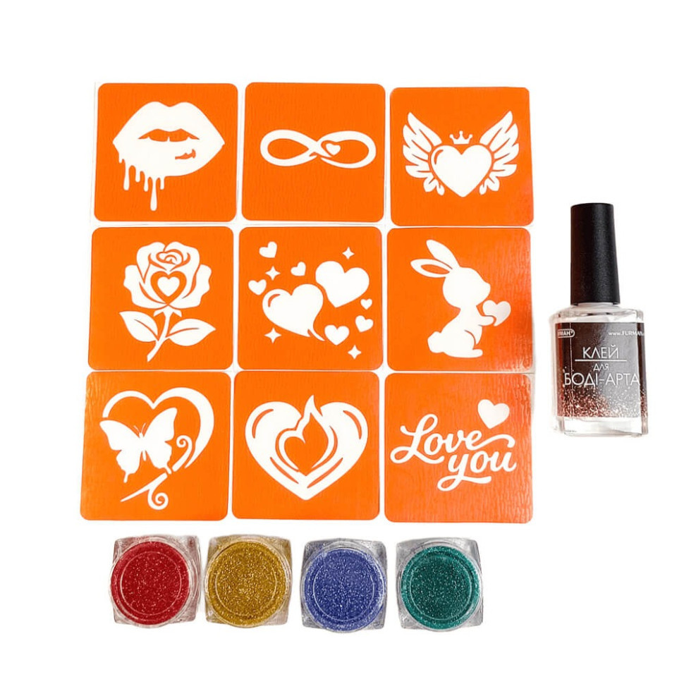 Набір для біо-тату "Love Story #2 - гліттер" set-love-story-2-glitter 9 трафаретів Вінниця - фото 2