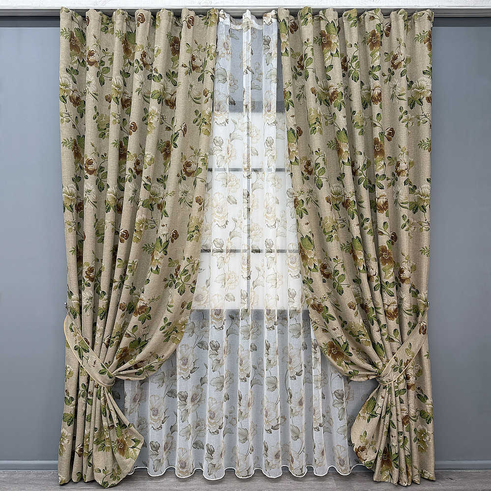 Комплект штор VR-Textil Лен Прованс 100х270 2шт и Тюль 400х270 2081ш-1865т Бежевый с коричневым и белым 71-209/2 Киев - изображение 1
