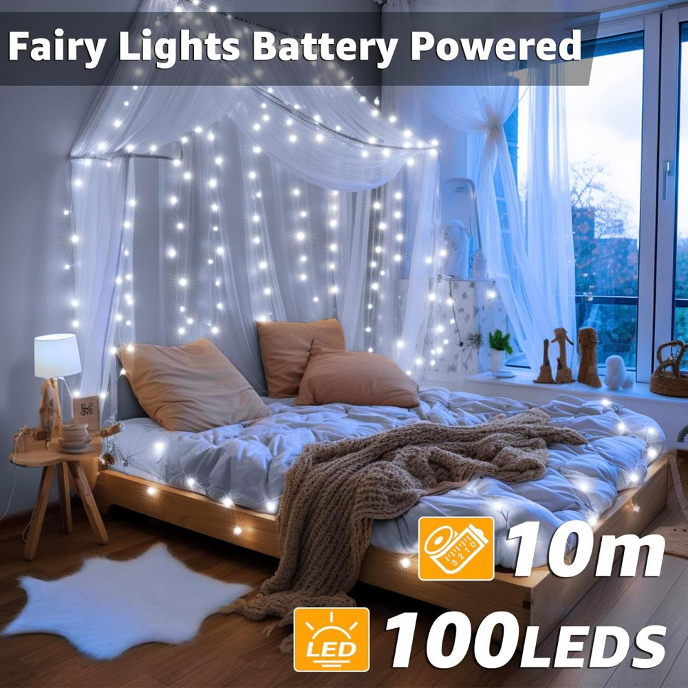 Світлодіодна гірлянда ZeMu Fairy Lights 10 м, 100 LED, холодне біле світло, IP44, на батарейках, для дому та вулиці Київ - фото 2