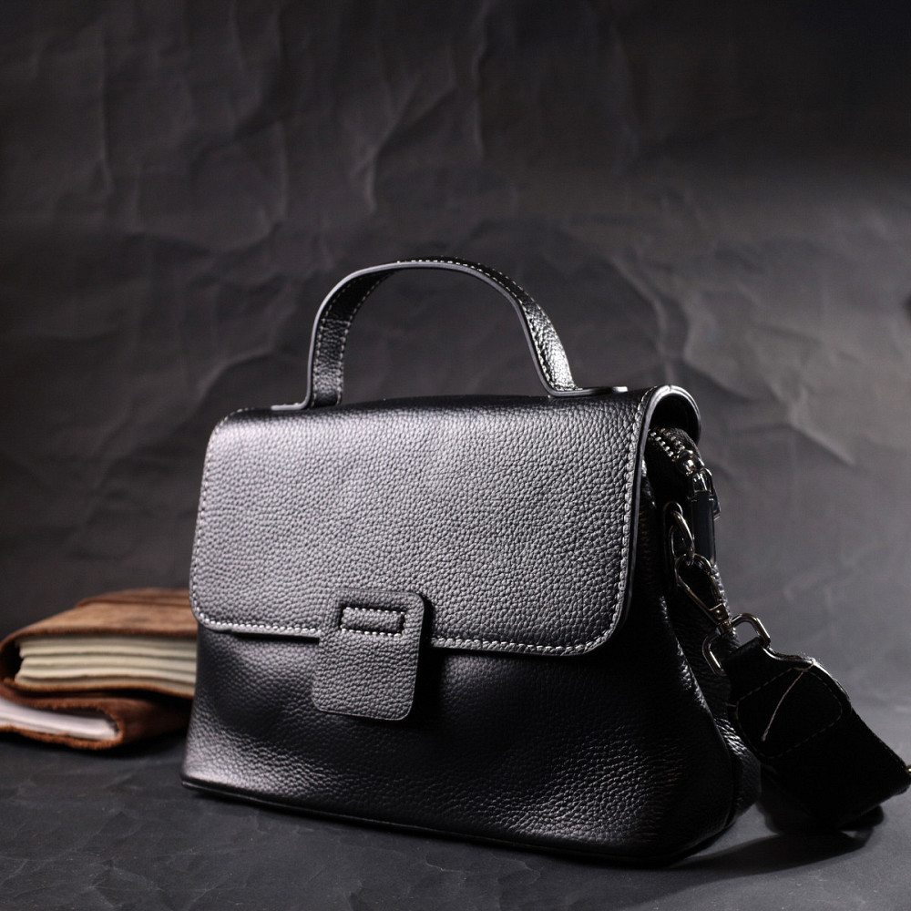 Сумка сетчел у класичному кольорі для жінок з натуральної шкіри Vintage 22291 Чорна Київ - фото 6