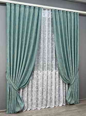 Комплект штор VR-Textil Жакард Мармур 150х270 2шт і Тюль 600х270 1292ш-1529т Бірюзовий з білим 71-185/5 Київ
