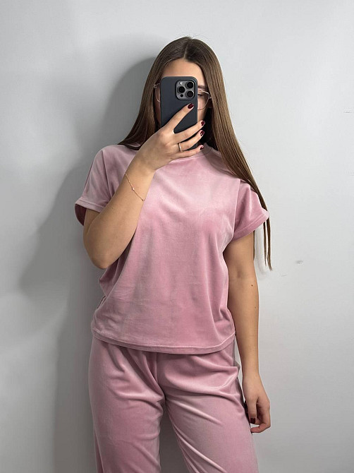 Піжама-комплект (футболка+шорти+штани) з плюшевого велюру Пудровий M Харків - фото 3