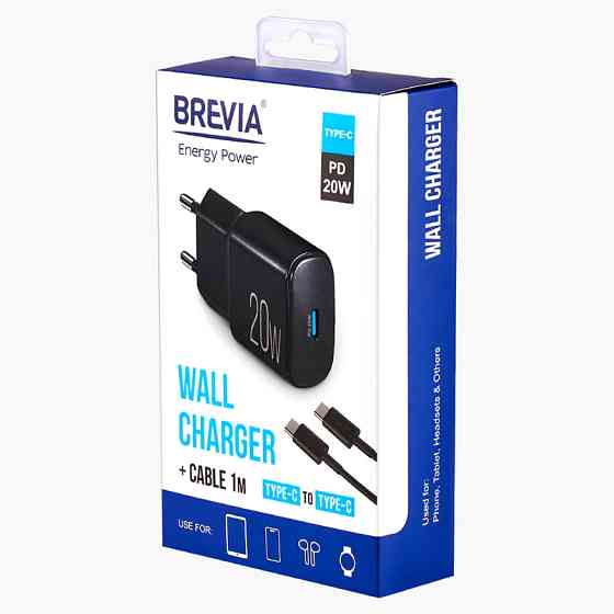 Сетевое зарядное устройство Brevia ePower PD20W + кабель USB-C to USB-C 1м черный Львов