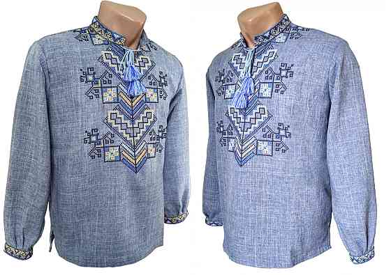 Чоловіча вишиванка у джинсовому кольорі  з сірою ниткою Дерево життя Київ