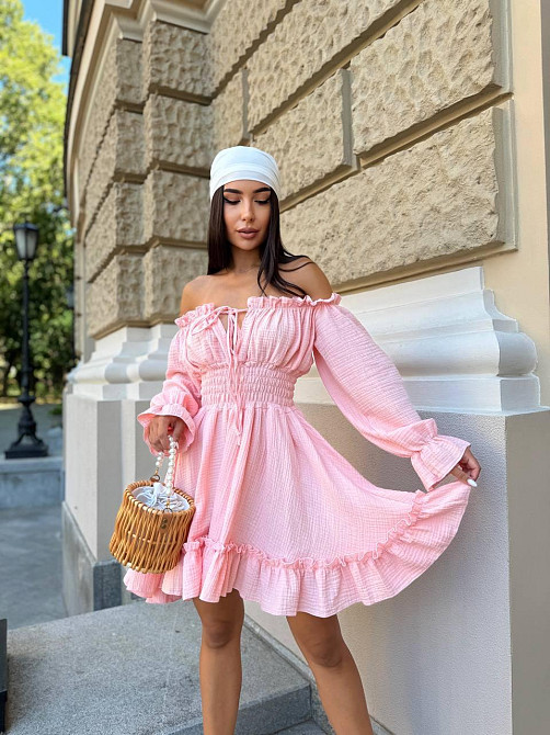 Женское летнее романтичное мини платье натуральный муслин Розовый, 42/44 Одесса - изображение 2