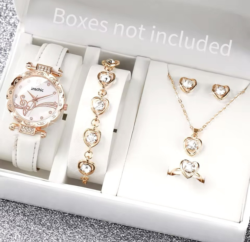 Подарочный набор для женщин Сердце наручные часы браслет ожерелье кольцо серьги без подарочной коробки белый Киев - изображение 1