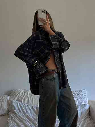 Жіноча трендова сорочка оверсайз у клітинку фланель Джинс Одеса
