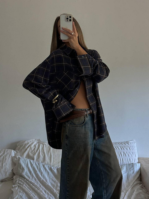 Жіноча трендова сорочка оверсайз у клітинку фланель Джинс Одеса - фото 5