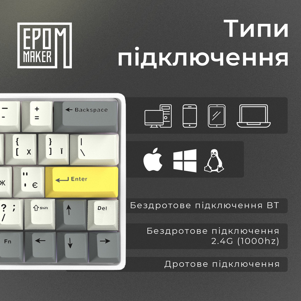 Клавіатура бездротова Epomaker EP64 60% Mulan Switch Hot-Swap (2.4G/BT/USB) RGB UA White (EP64-W-M) Білий Харків - фото 9