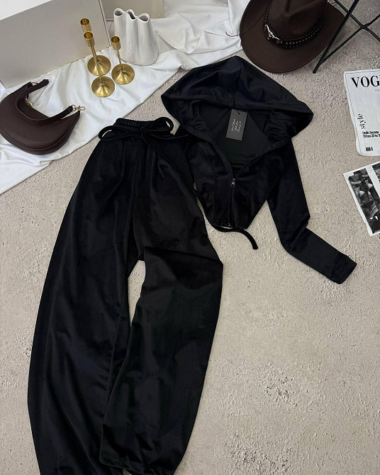 Женский прогулочный костюм двойка: кофта и штаны велюр Черный, 42/44 Одесса - изображение 1