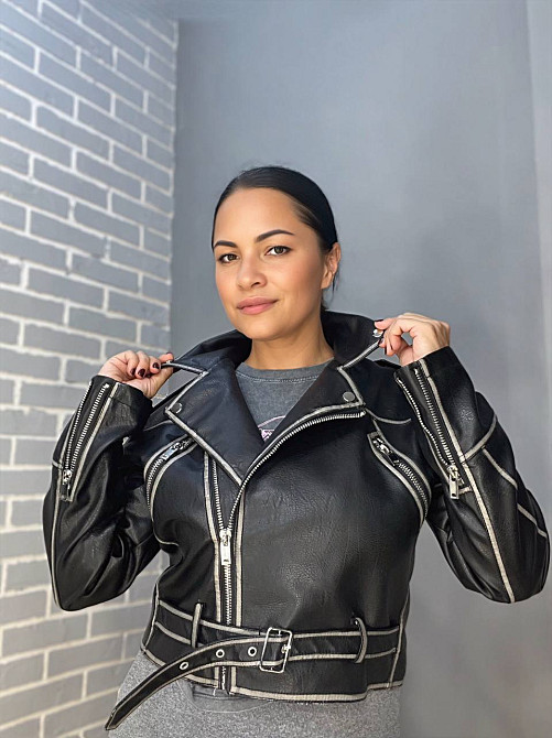 Куртка жіноча Aftf Basic 2466 коротка косуха блискавки пояс варені шви екошкіра чорна, чорний, L Київ - фото 5