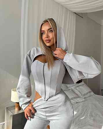 Женский стильный костюм тройка: кофта, корсет и лосины замш на дайвинге Серый, 46/48 Одесса