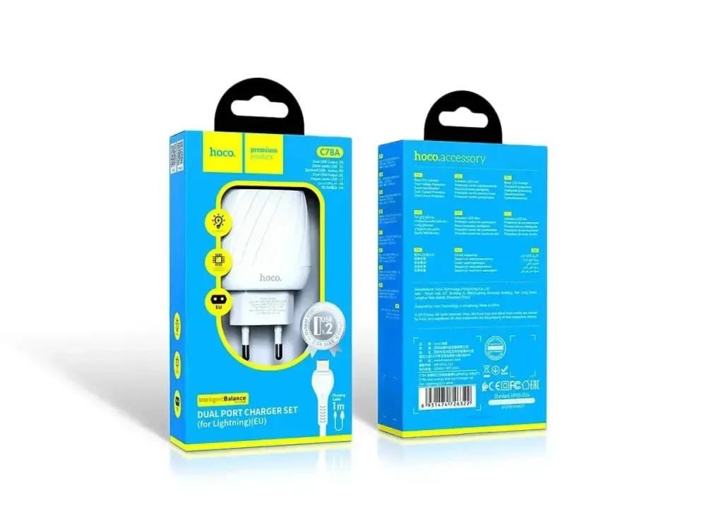 Мережевий зарядний пристрій Hoco C78A Max Energy 220V (10.5W, 5V/2.4A) на 2 USB-порти з LED-індикатором та кабелем Lightning Одеса - фото 1