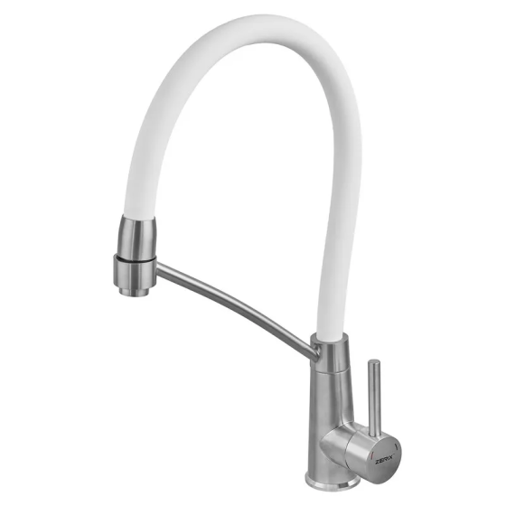 Смеситель для кухни с силиконовым изливом Zerix FUL-017 Refl.White из нержавеющей стали SUS304 с гибким белым изливом на подставке Черновцы