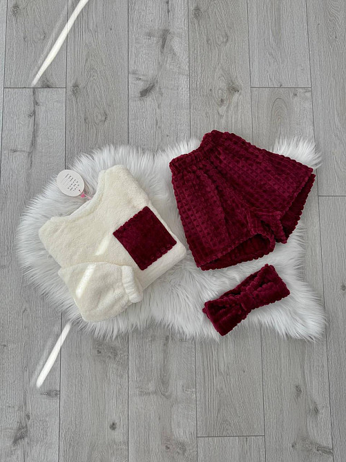 Женская уютная теплая пижама: кофта и шорты + повязка на голову из турецкой махры Бордо, 46/48 Одесса - изображение 4